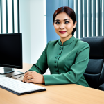 A professional businesswoman in a modest baju kurung, sitting at a desk in a modern office in Kuala Lumpur, fully clothed, appropriate attire, safe for work, perfect anatomy, natural proportions, professional photography, high quality.