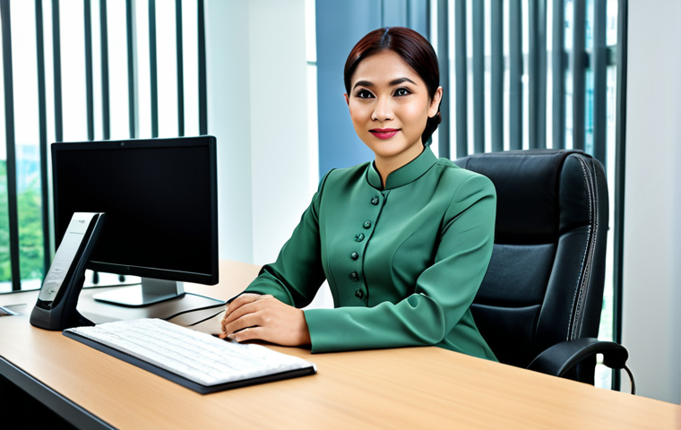 A professional businesswoman in a modest baju kurung, sitting at a desk in a modern office in Kuala Lumpur, fully clothed, appropriate attire, safe for work, perfect anatomy, natural proportions, professional photography, high quality.